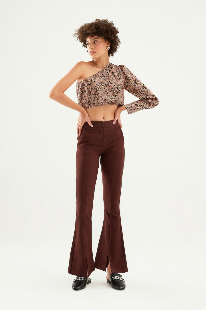 İspanyol Paça Yüksek Bel Pantolon Koyu Kahve