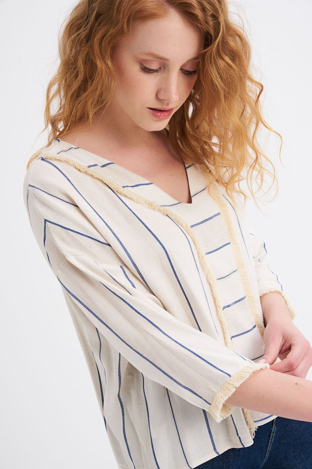 Striped Tassel Detailed V-Neck Blouse Indigo