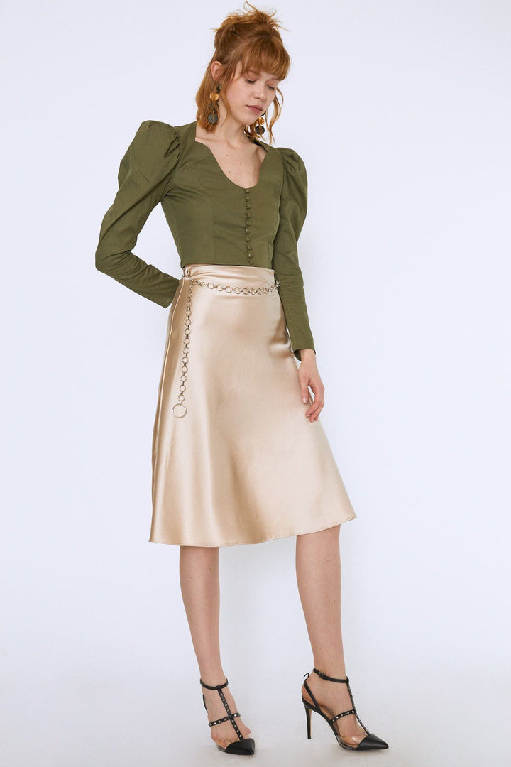 Chain Waist Midi Skirt Beige