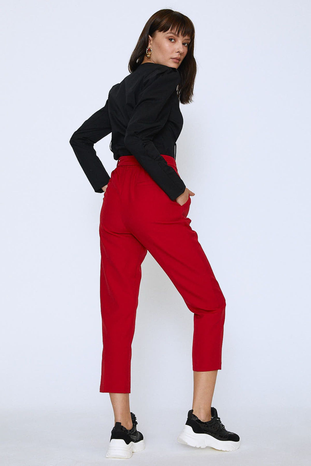 Waist Belted Fabric Trousers Red