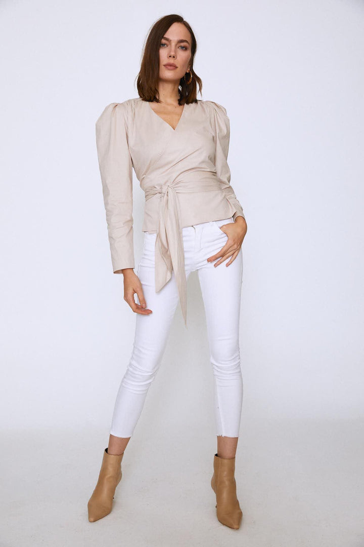 Bağlamalı Kruvaze Bluz Açık Bej