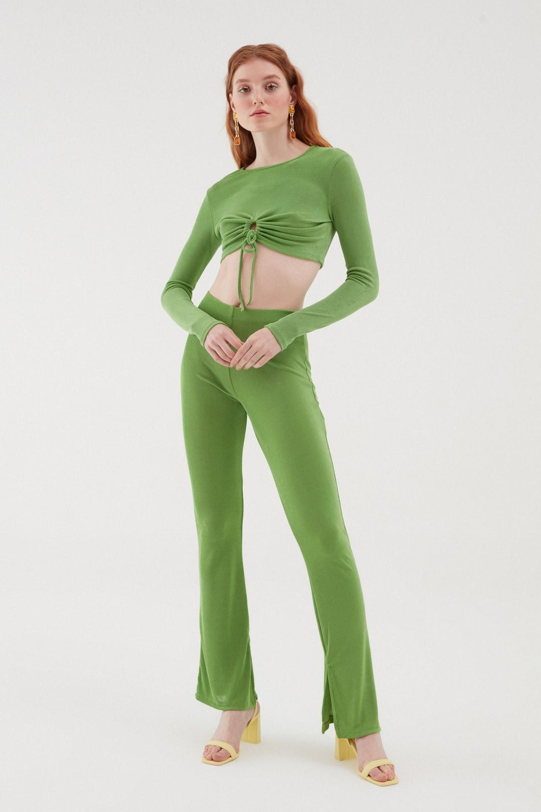 Dokulu Bol Paça Pantolon Yeşil