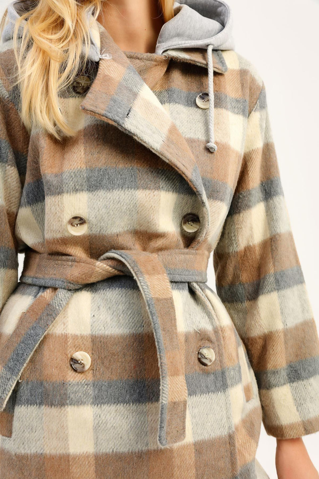 Plaid Hooded Cachet Coat Beige