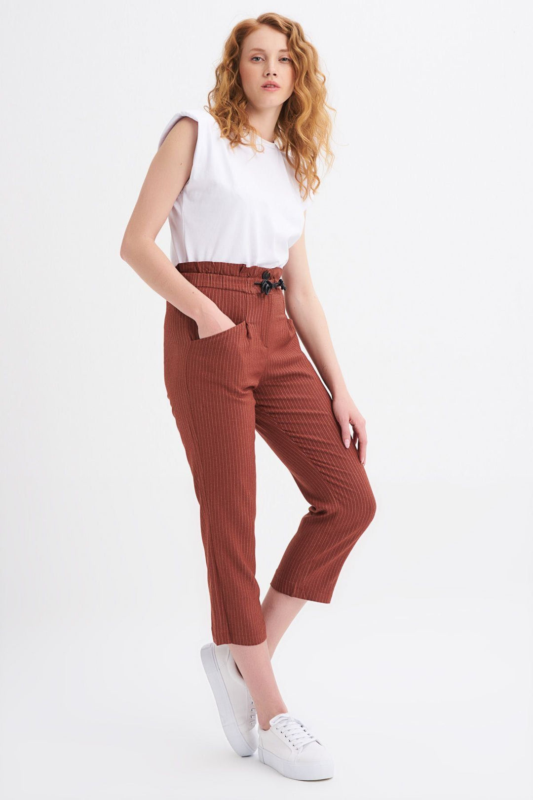Beli Bağcıklı Çizgili Pantolon Kiremit