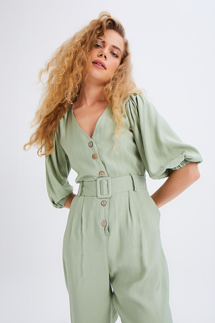 V Neck Waist Belted Jumpsuit Mint