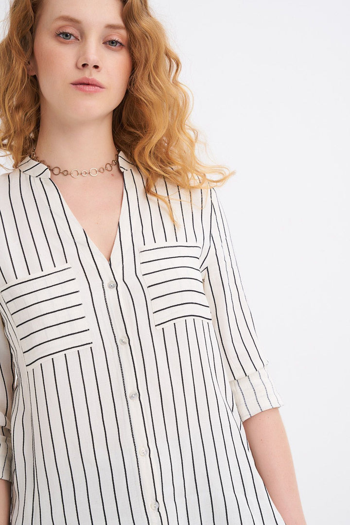 Çizgili Cepli Keten Gömlek Siyah