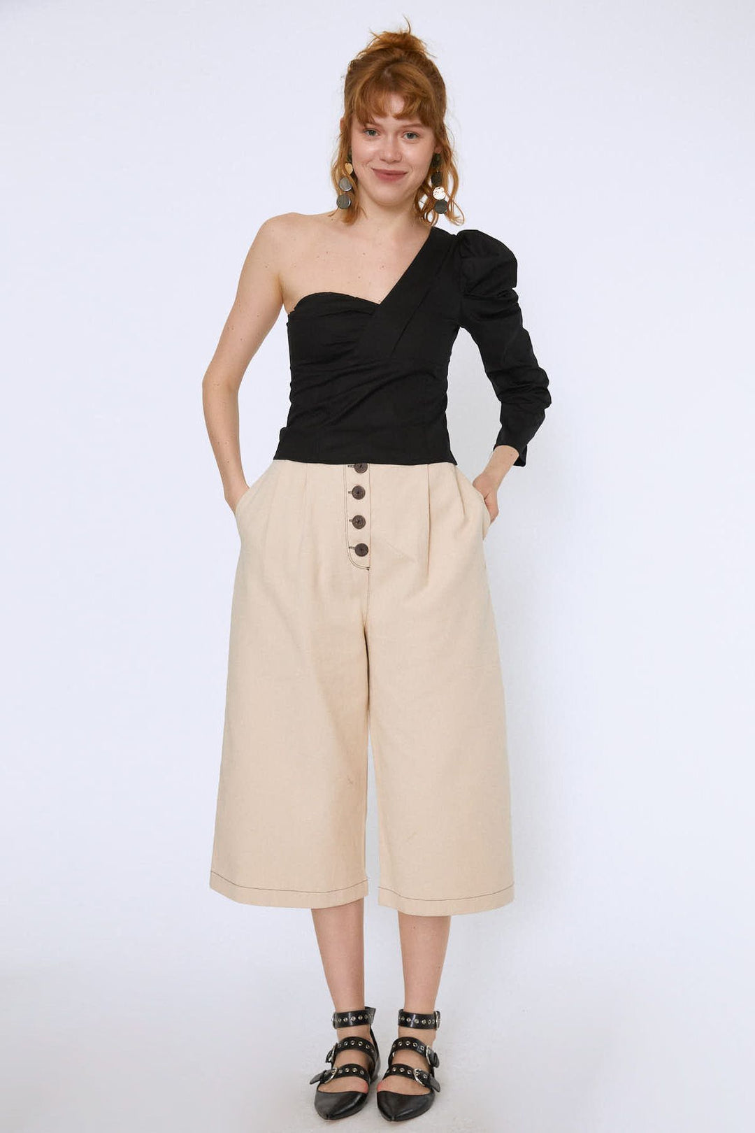 Tek Omuz Crop Bluz Siyah