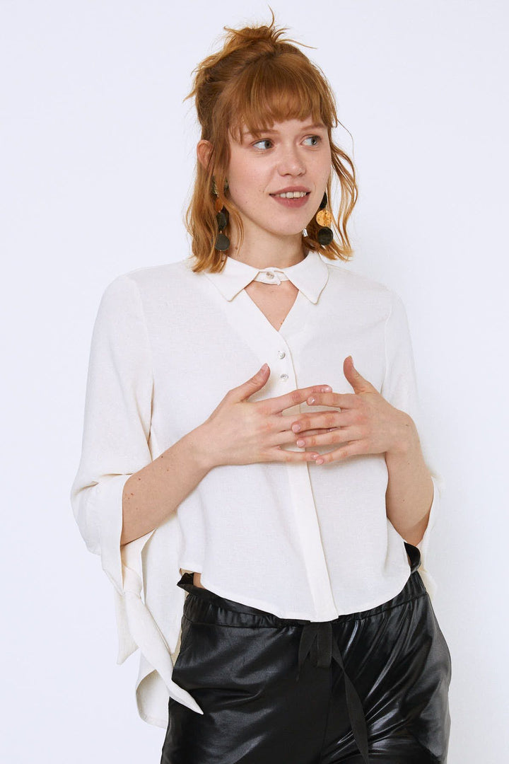 V-Neck Shirt with Tied Sleeves Ecru