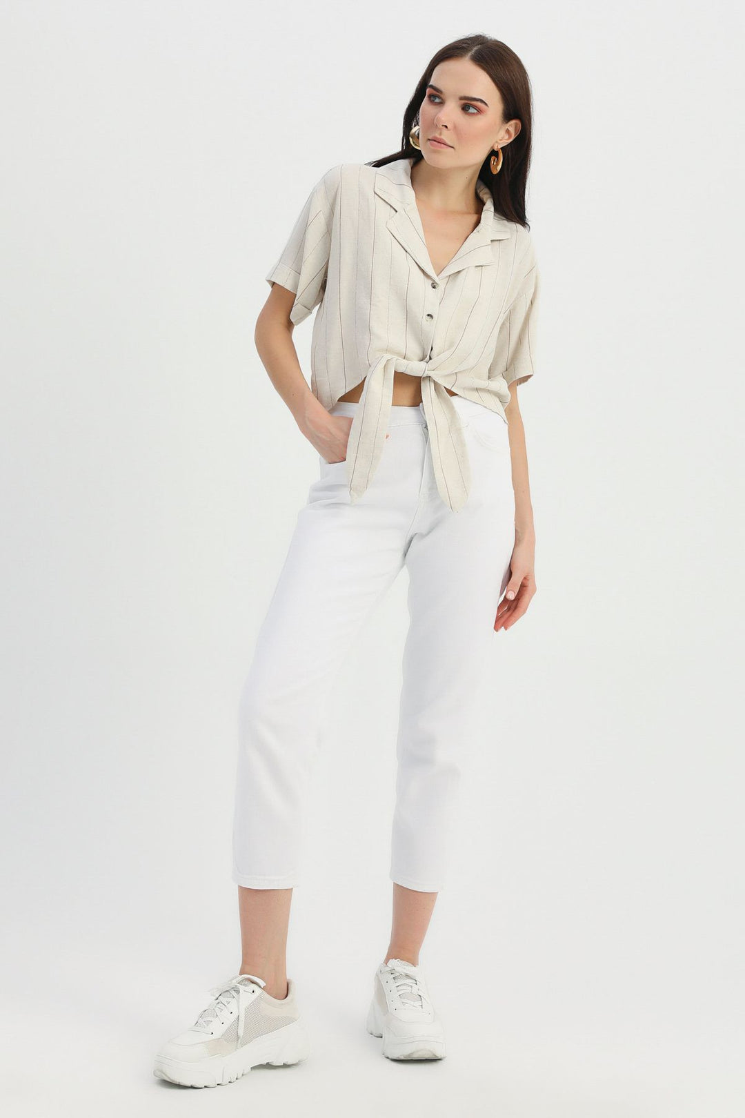 Tie Front Linen Blouse Brown