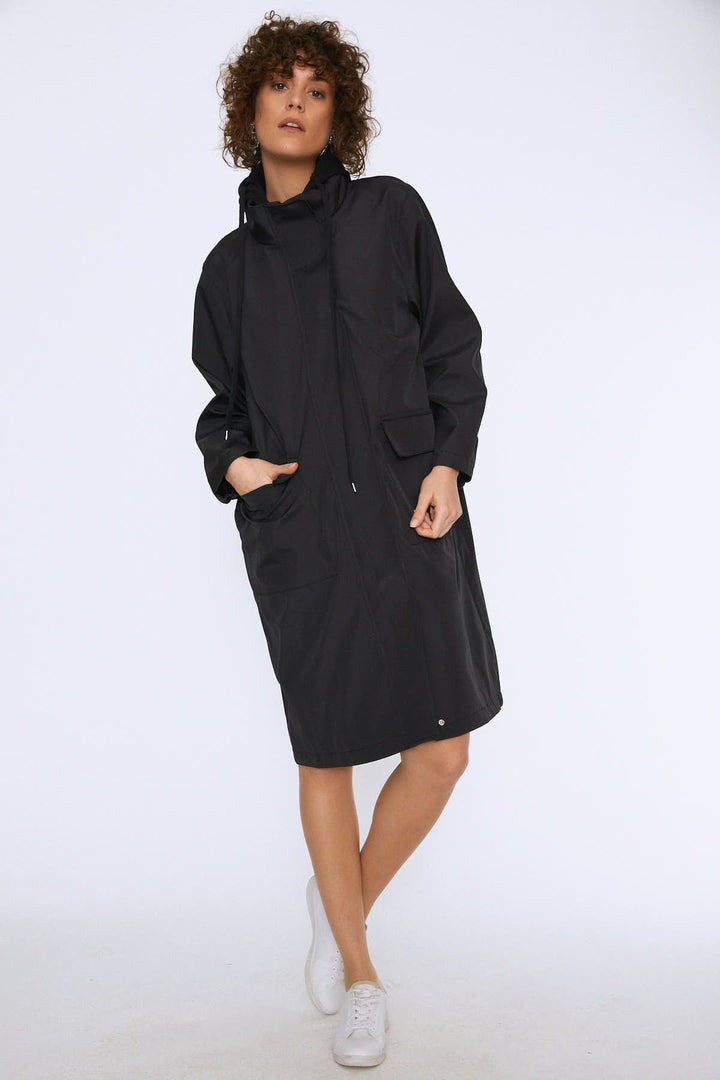 Printed Back Hooded Long Trench Coat Black