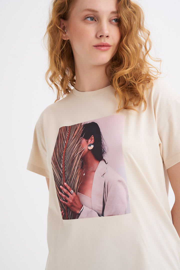 Basklı Tişört Açık Bej