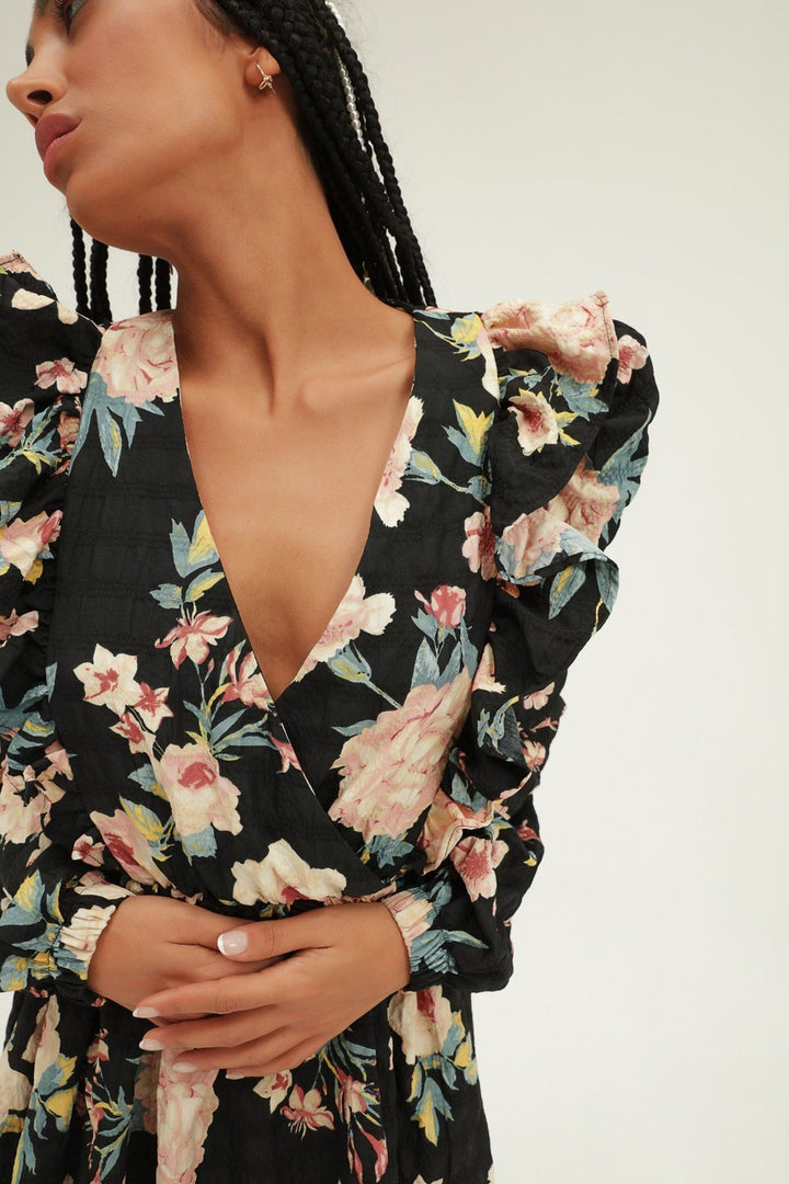 Frilly Double Breasted Floral Mini Dress Black