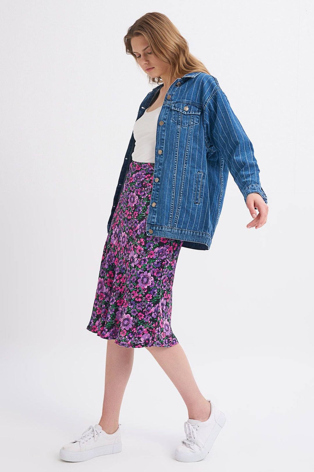 Striped Long Denim Jacket Dark Blue