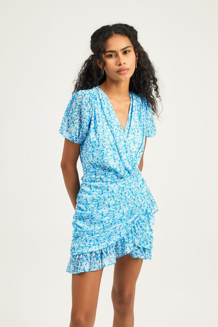 Kruvaze Fırfırlı Elbise Mavi