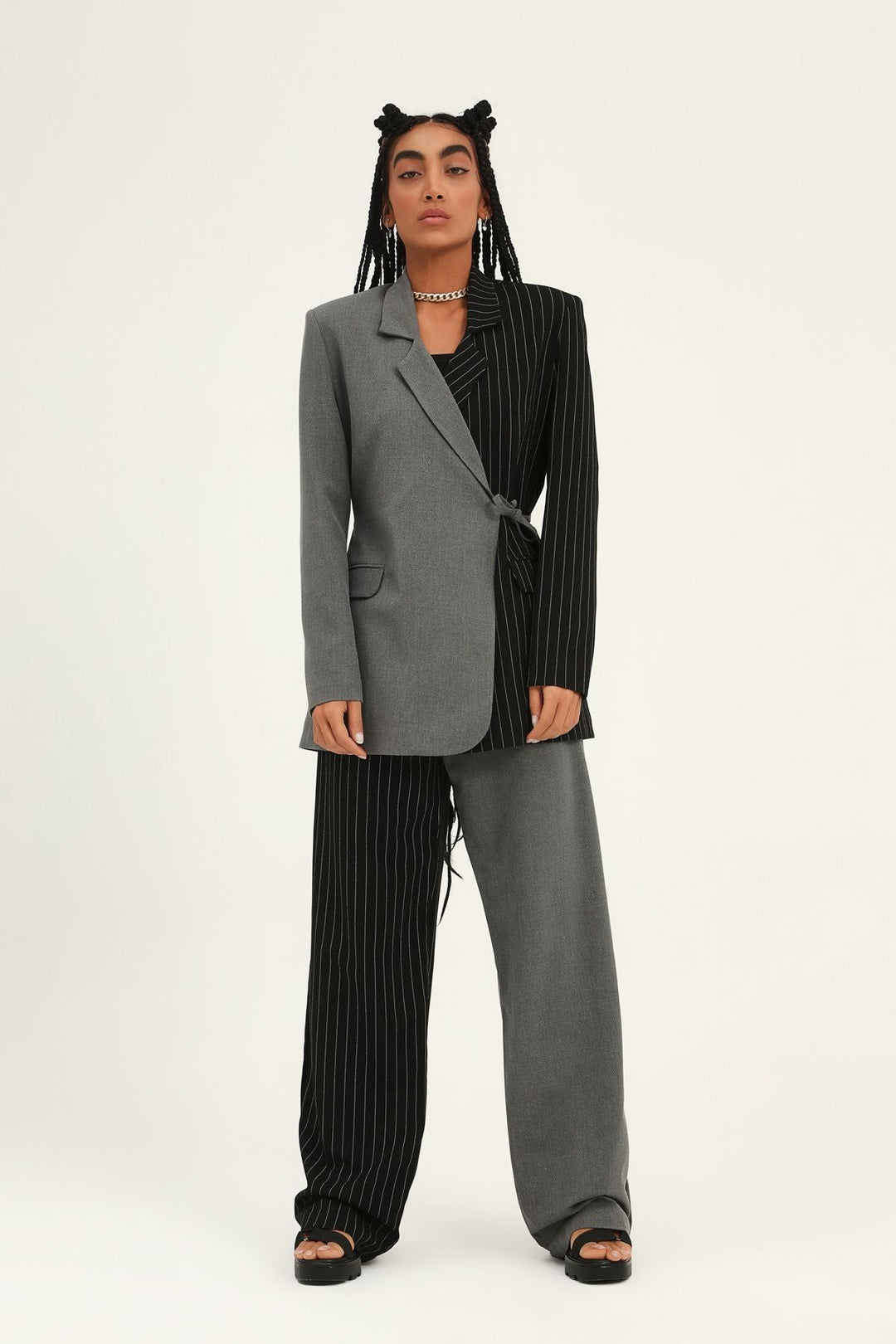 İki Renkli Kruvaze Ceket Gri