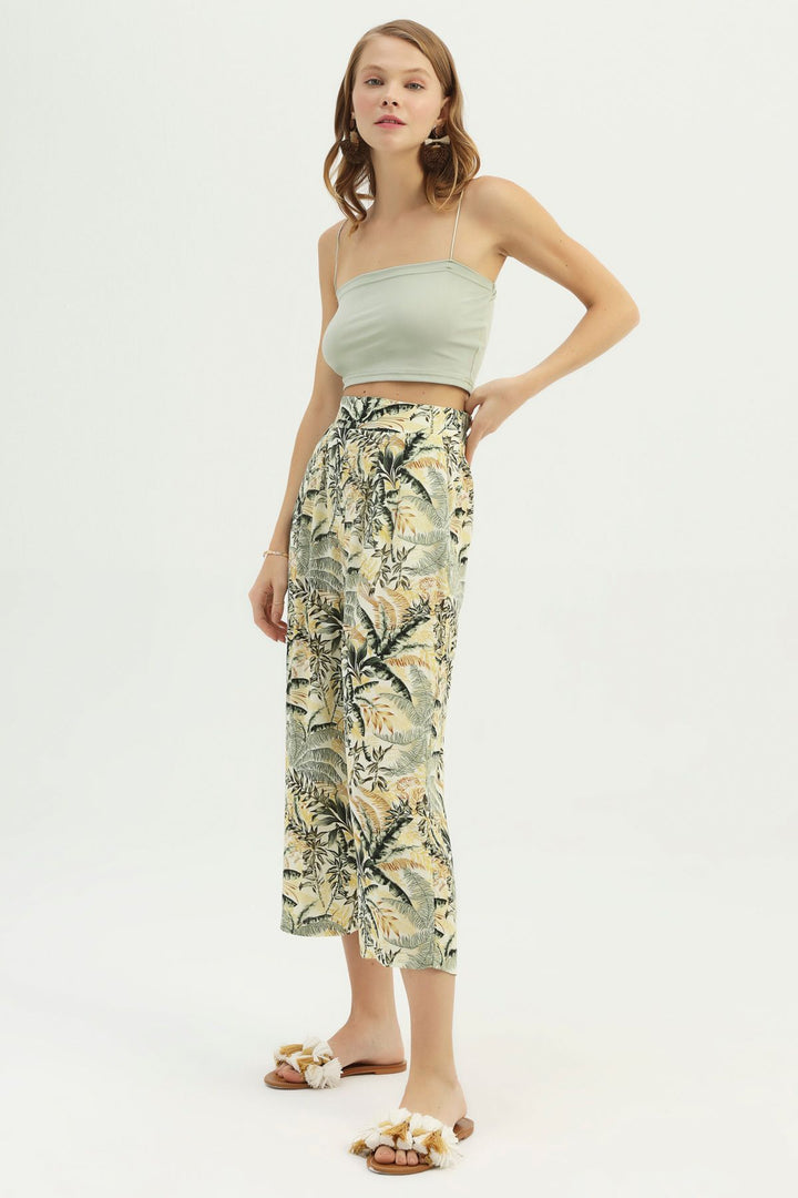 Desenli Geniş Paça Pantolon Yeşil