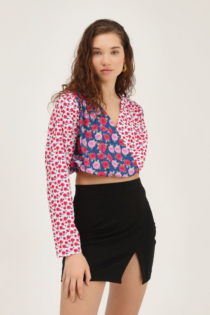 Çiçekli Kruvaze Vatkalı Bluz Fuşya