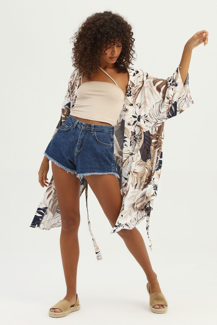 Desenli Beli Bağlamalı Kimono Kahverengi