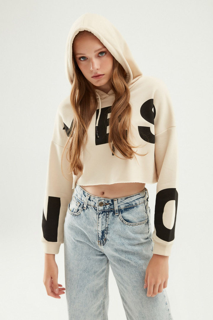 Baskılı Crop Sweatshirt Bej