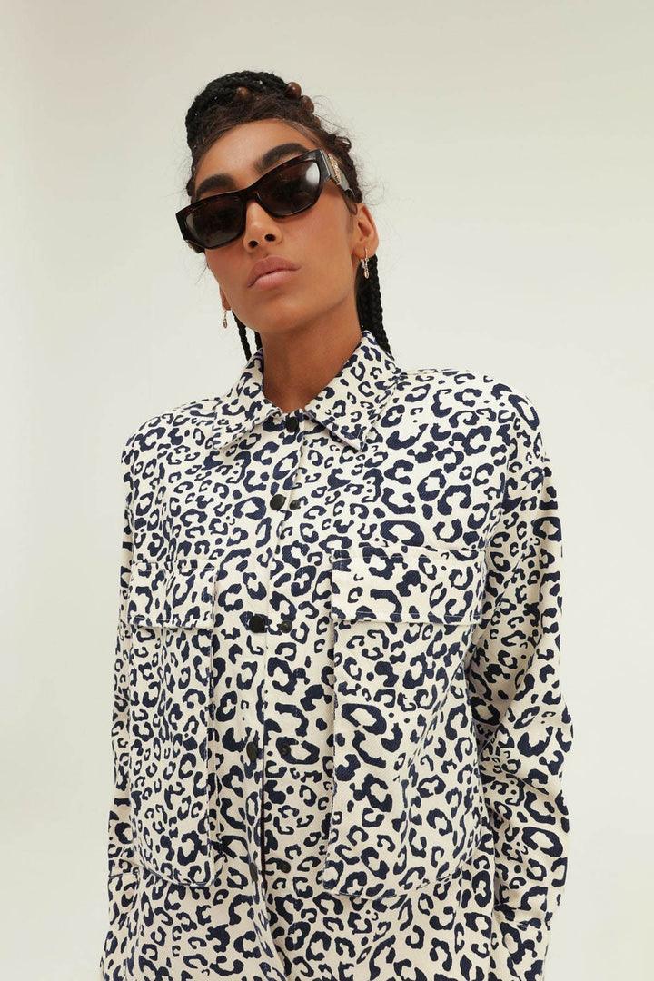 Leopard Patterned Pocket Shirt Indigo