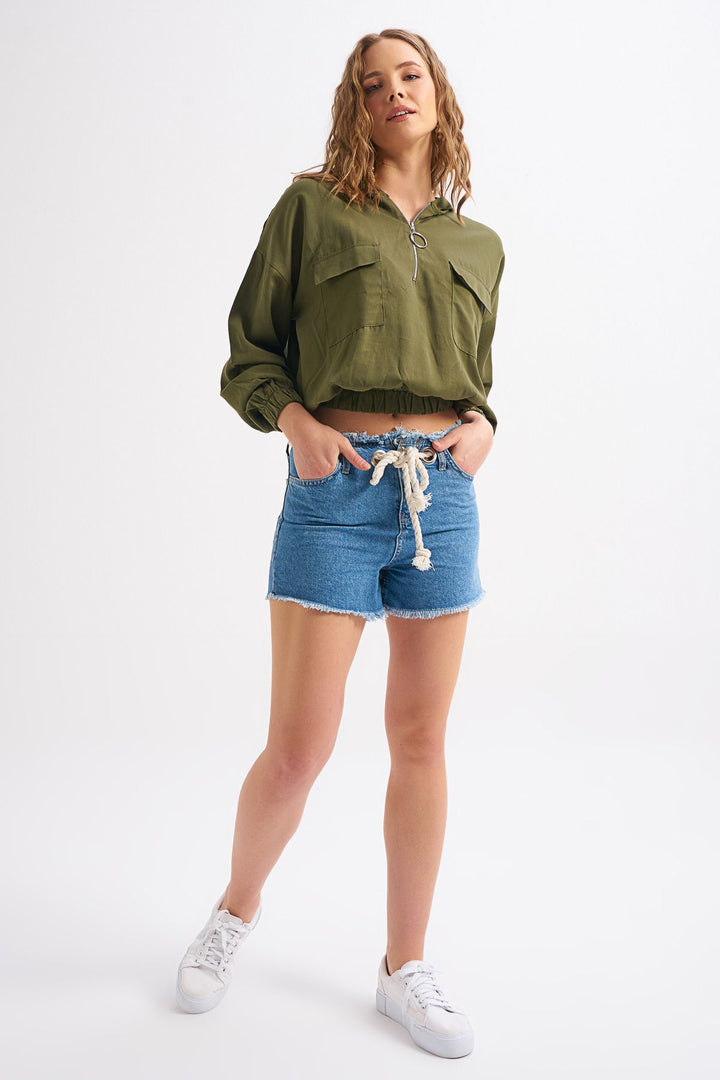 Back Printed Zipper and Pocket Detailed Blouse Khaki