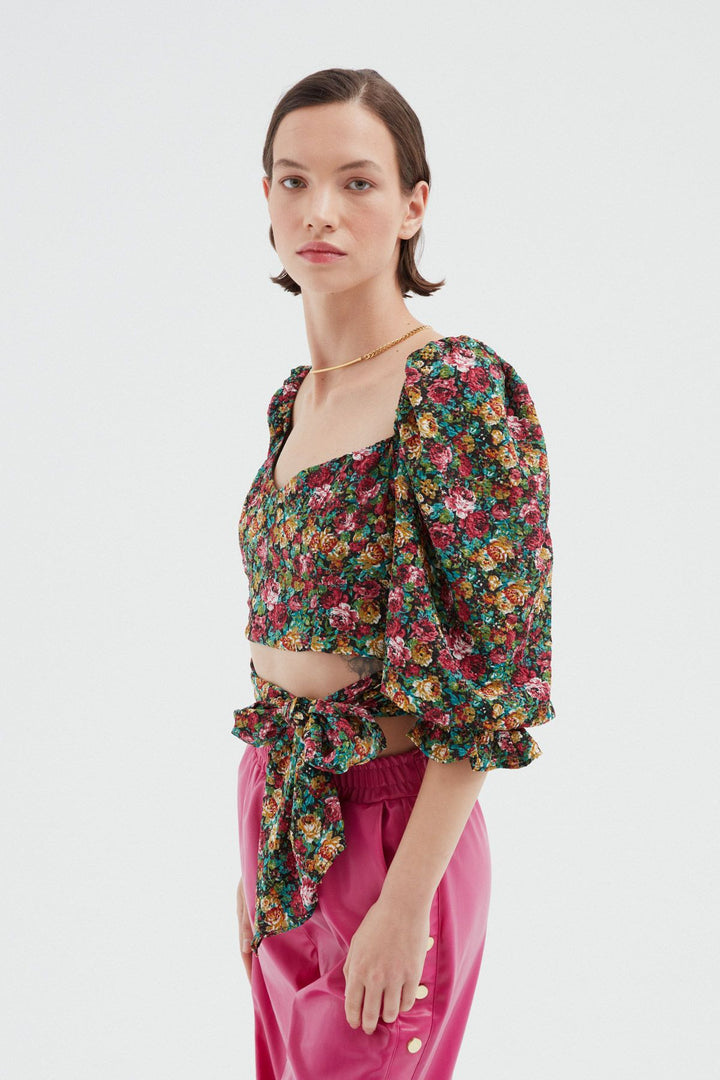 Balloon Sleeve Crop Blouse Green