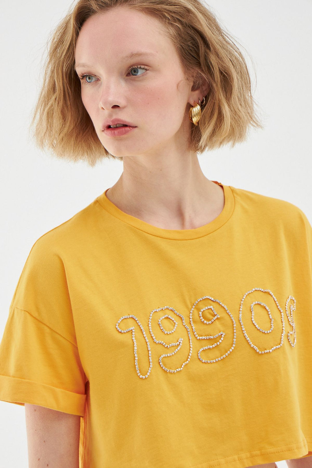 Aksesuar Baskılı Crop Tişört Turuncu