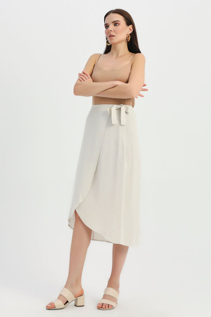 Tie Detailed Wrapped Linen Skirt Natural