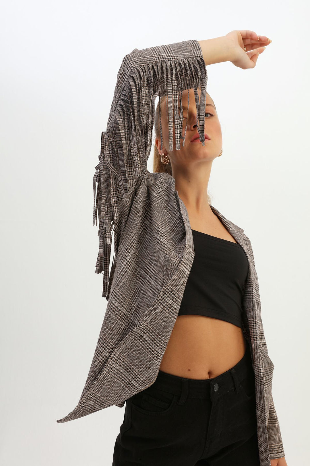 Back Tasseled Striped Blazer Jacket Gray