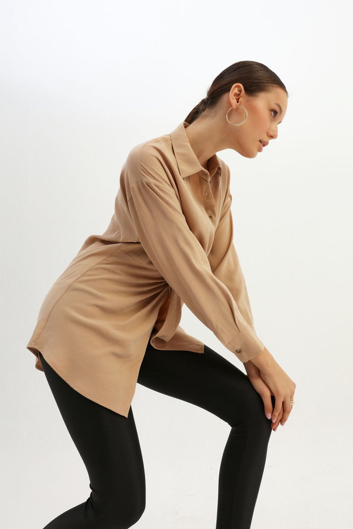 Beli Büzgülü Gömlek Bej