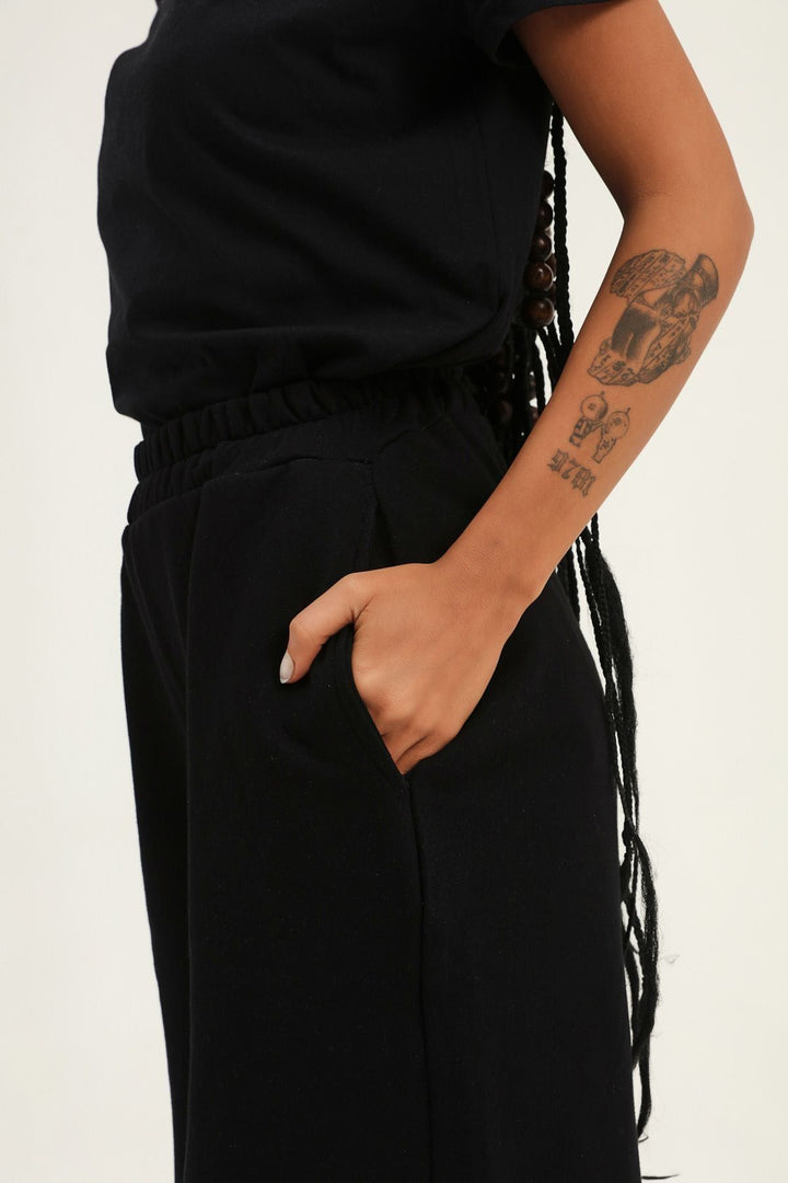 Ripped Detailed Tracksuit Black with Elastic Waist