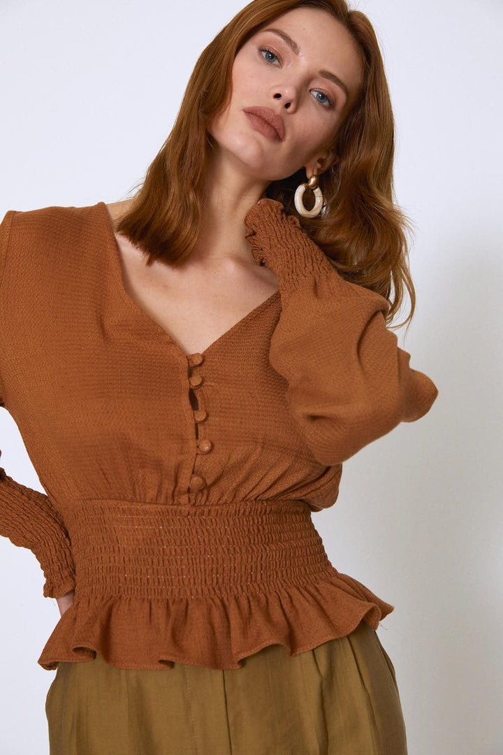 Waist Gipe Linen Blouse Brown