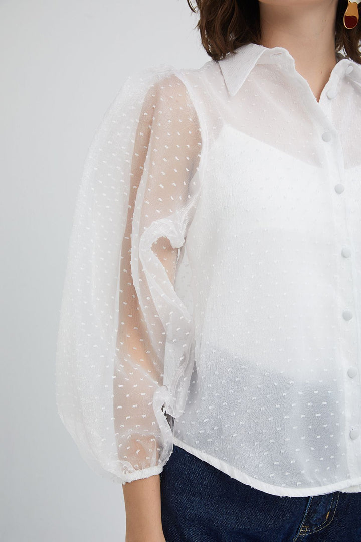 Embossed Sleeves Pleated Tulle Shirt Ecru