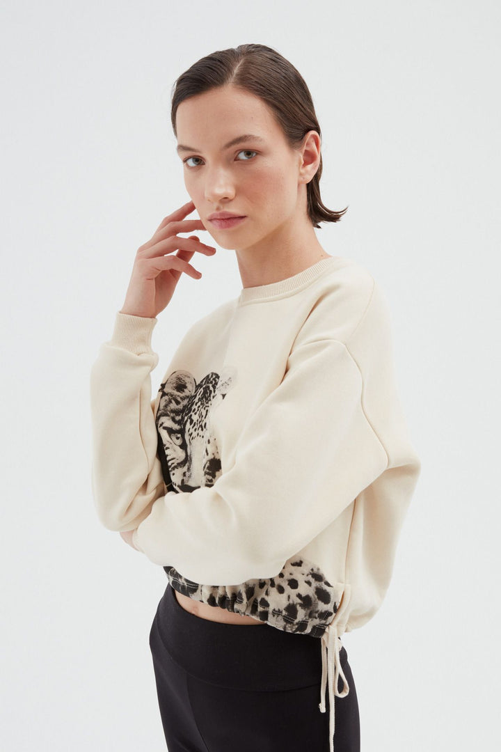 Baskılı Büzgülü Sweatshirt Bej
