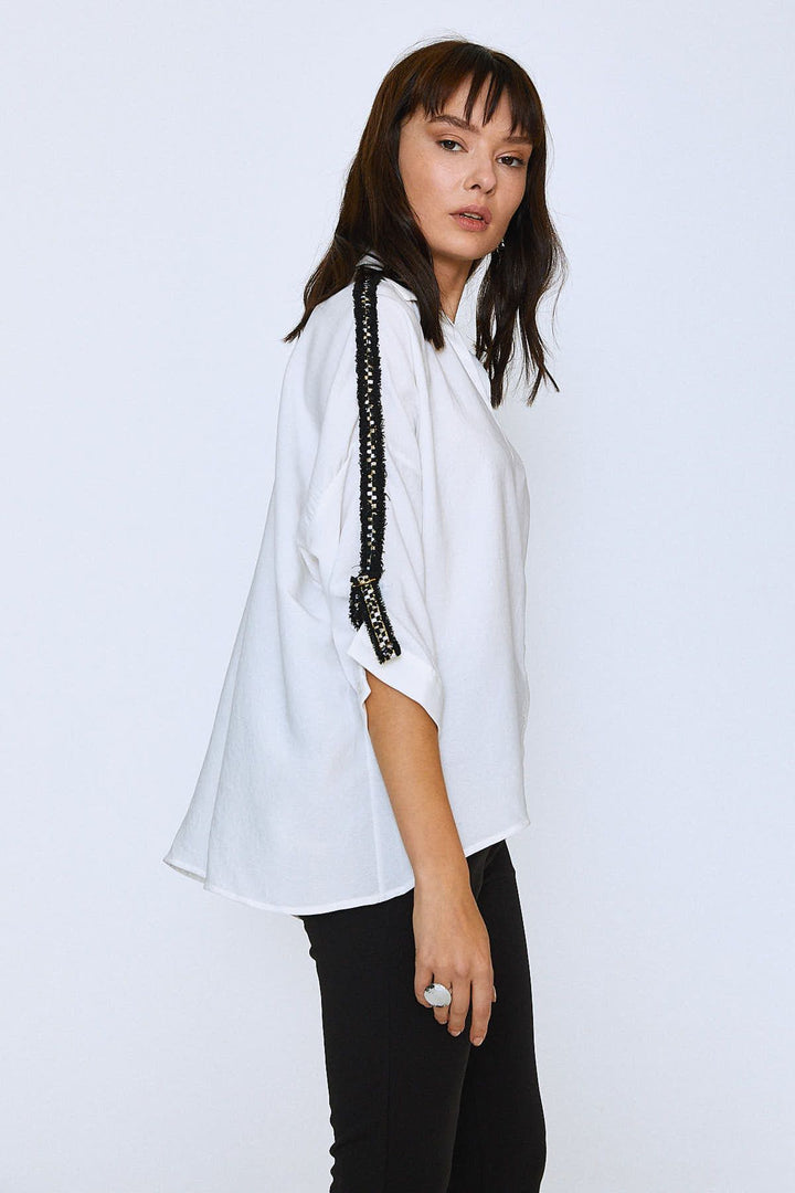 Striped Sleeves V-Neck Shirt Ecru