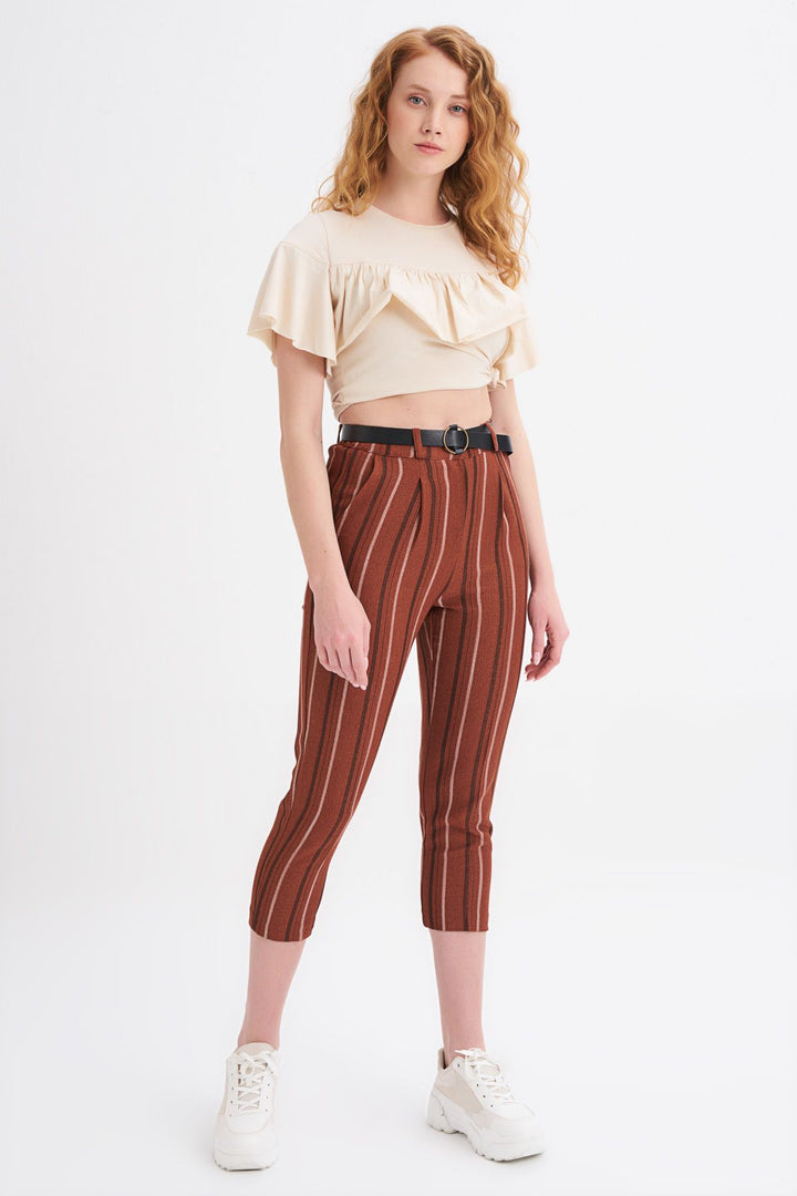 Belted Striped Trousers Brown