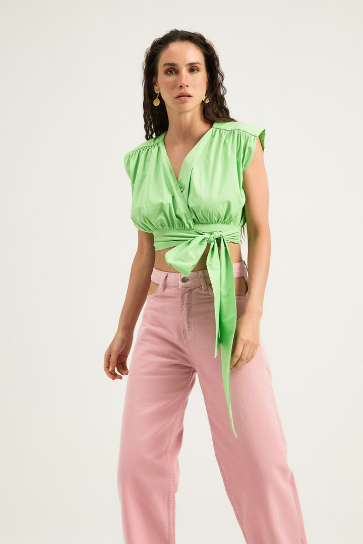 Padded Side Tie Blouse Green