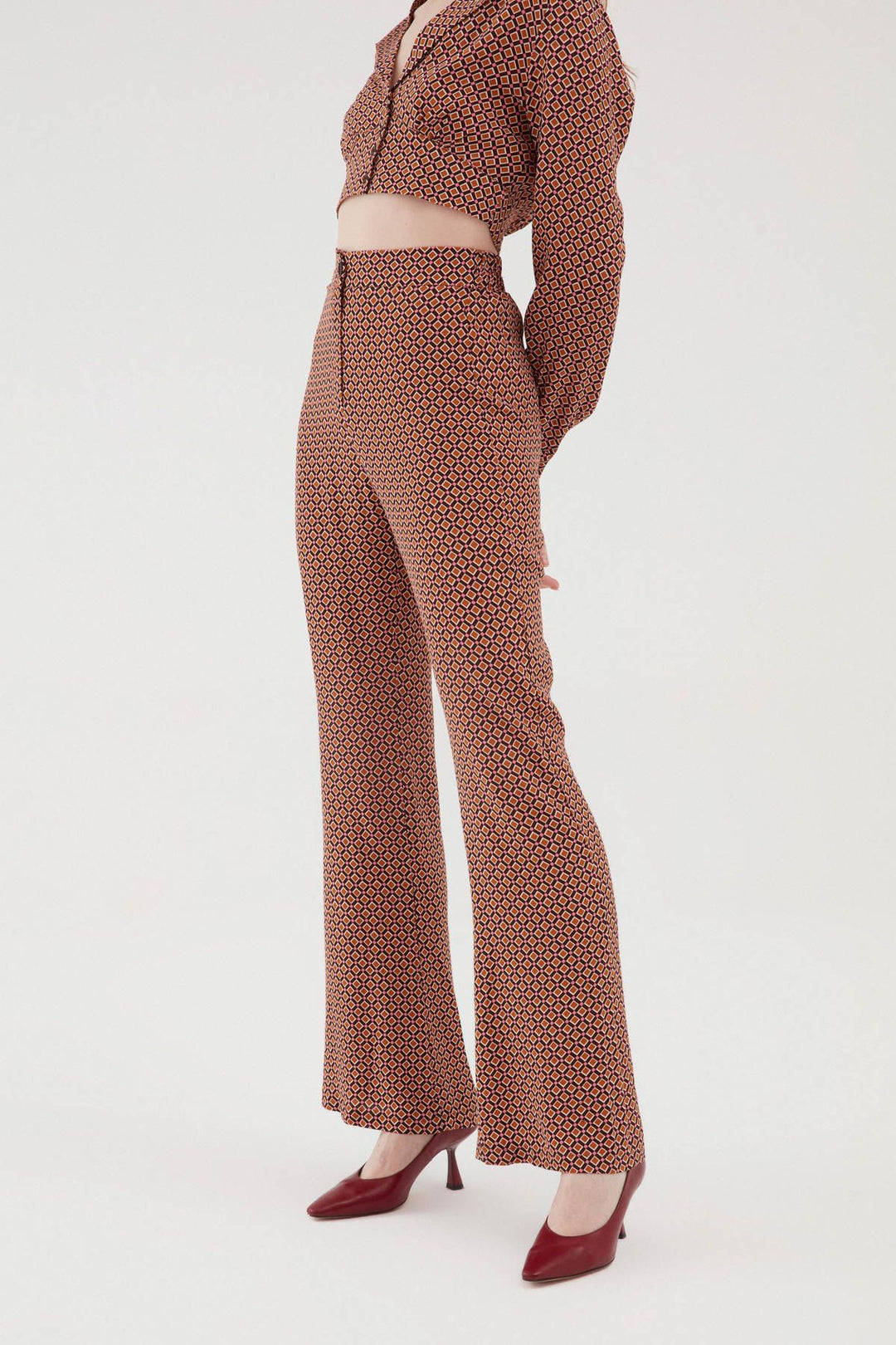 Desenli Beli Lastikli Bol Pantolon Kahverengi