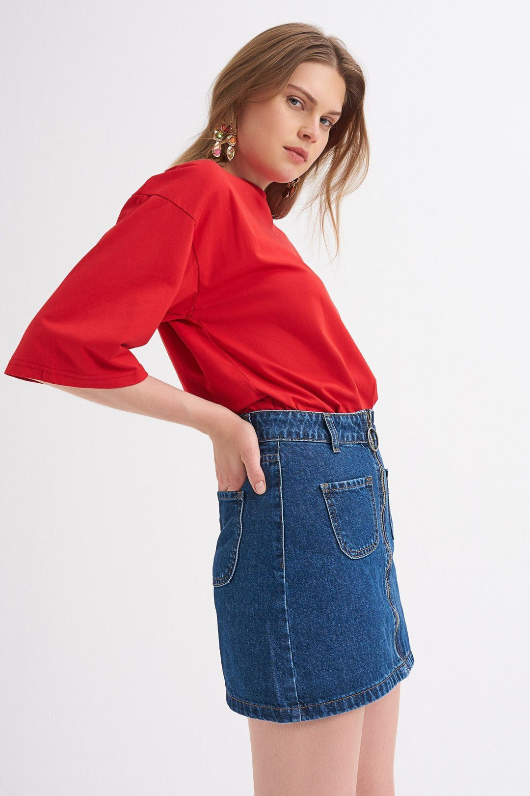 Önü Fermuarlı Kot Etek Koyu Mavi