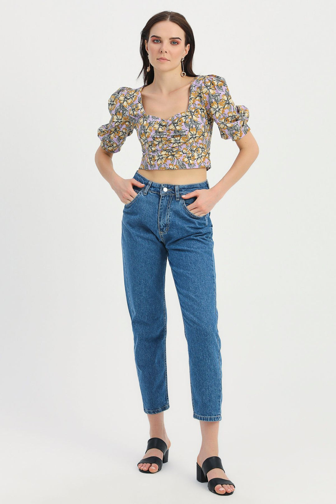 Floral Patterned Balloon Sleeve Crop Blouse Lilac