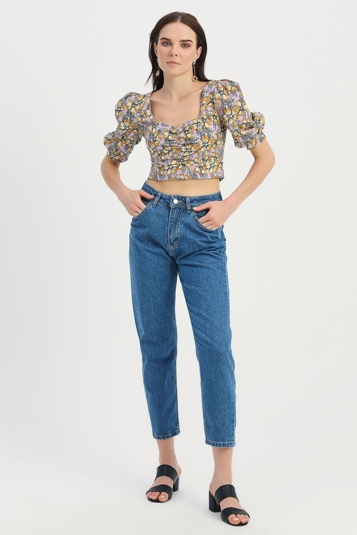 Floral Patterned Balloon Sleeve Crop Blouse Lilac