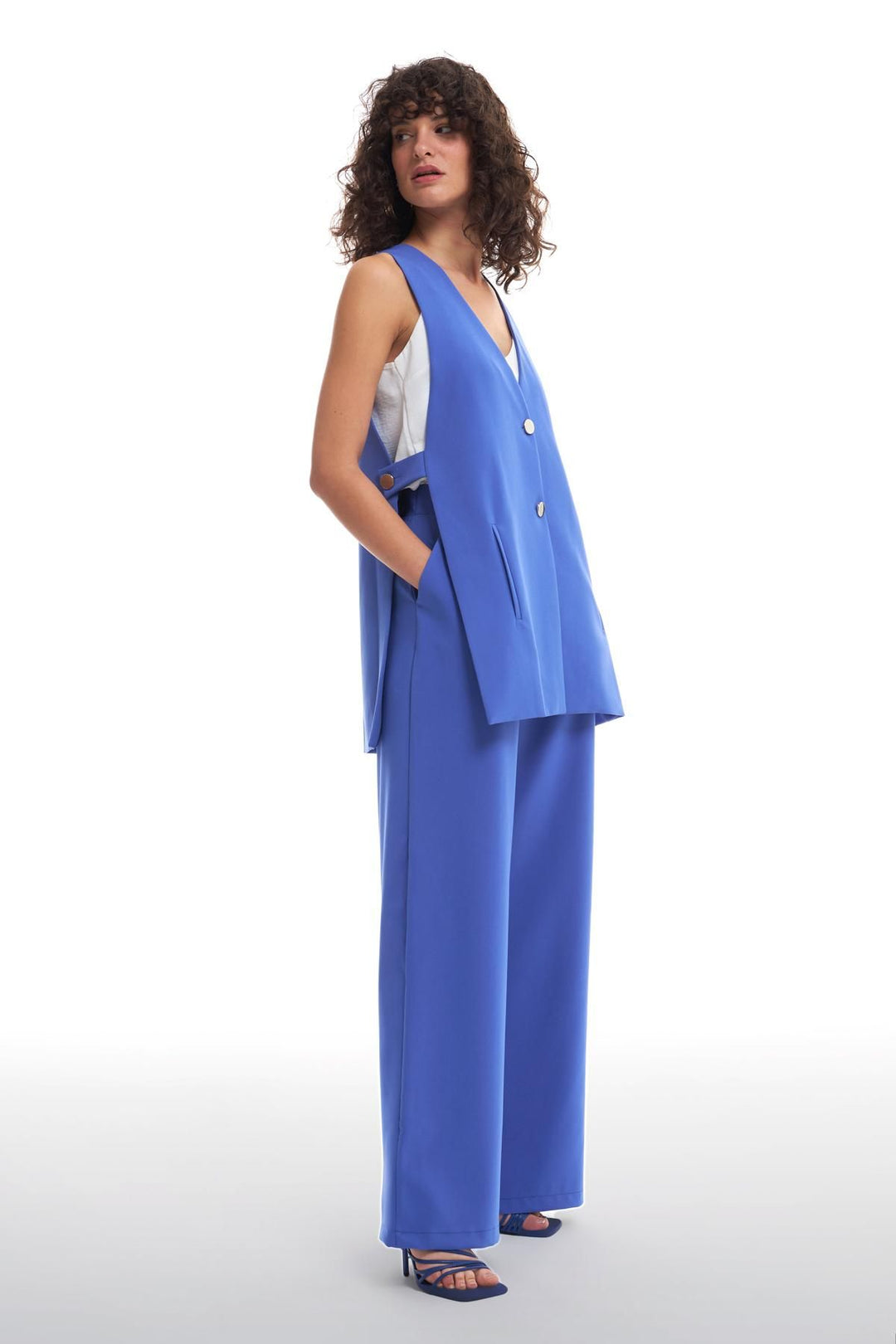 Open Side Buttoned Vest Jacket Dark Blue