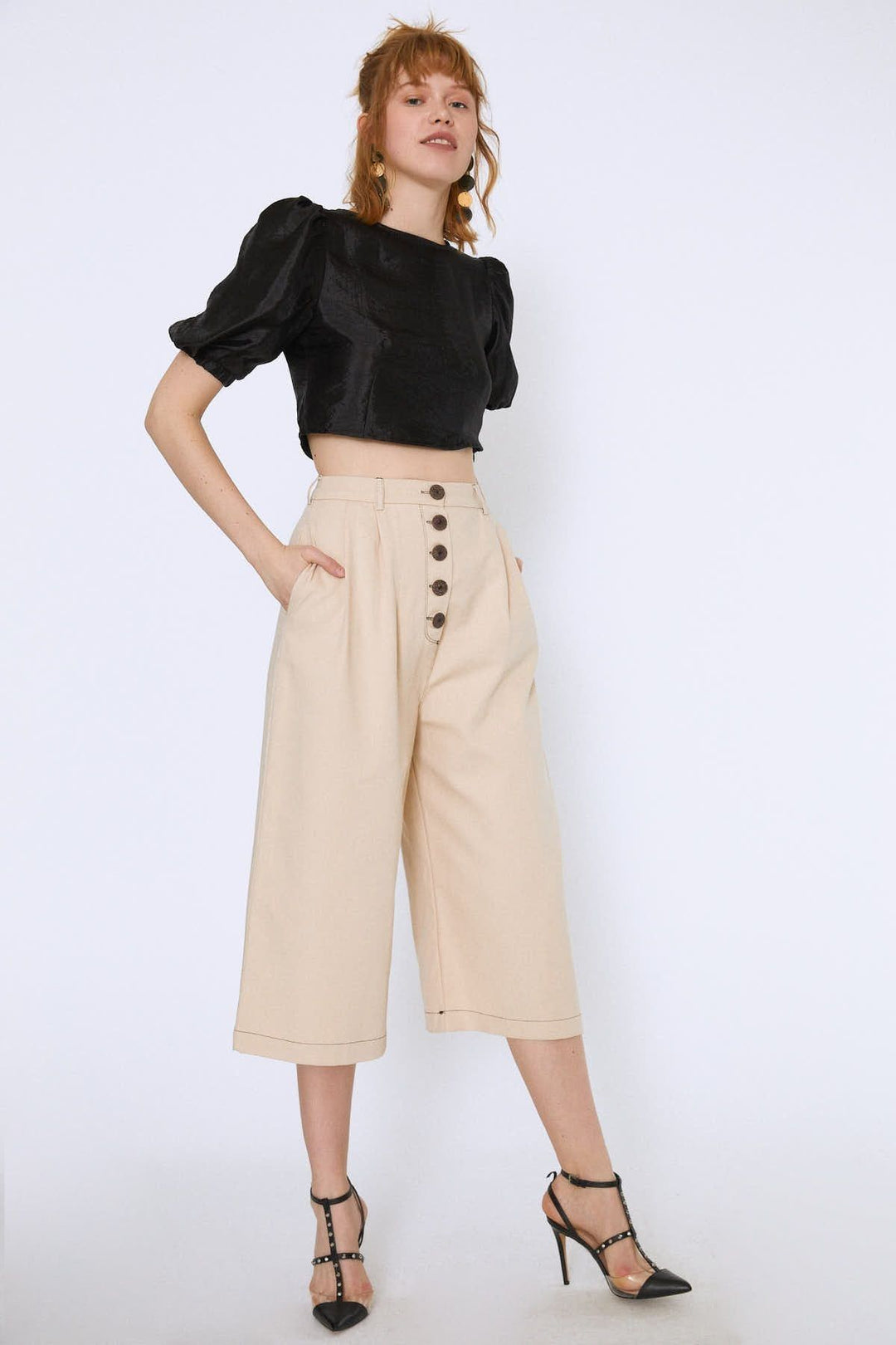 Balloon Sleeve Crop Blouse Black