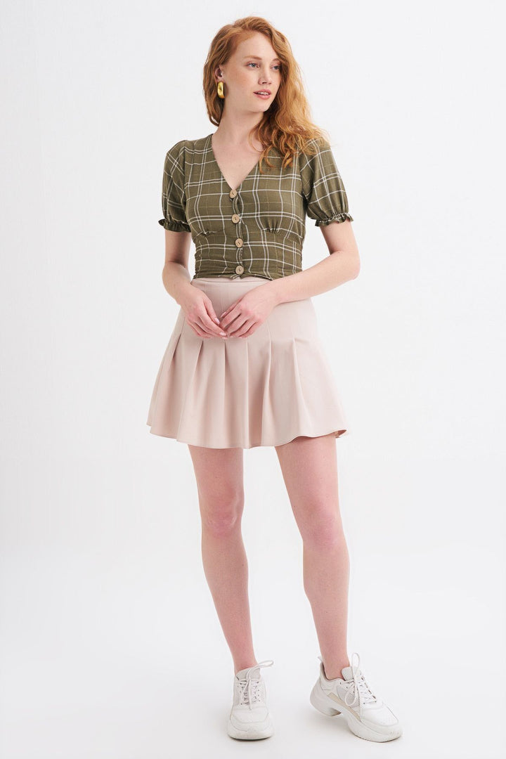 V Neck Plaid Linen Blouse Khaki