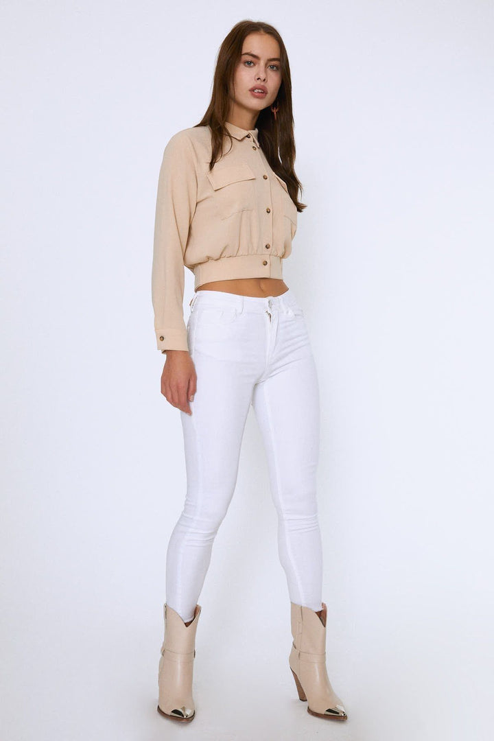 Beli Kuşakli Cepli Gömlek Taş