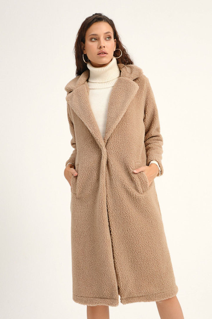 Peluş Tek Düğmeli Kaban Bej