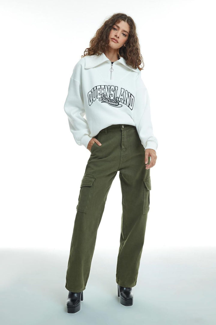 Zipper Detailed Sweatshirt Ecru