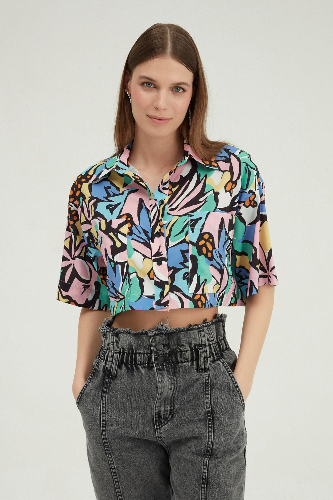 Patterned Crop Shirt Black