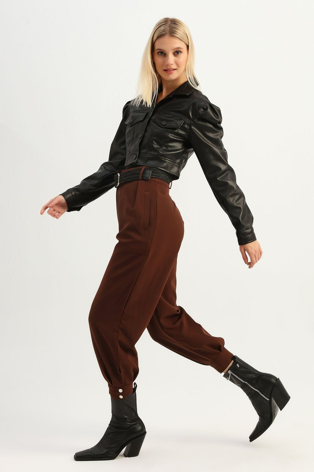 Balloon Sleeve Crop Leather Jacket Black