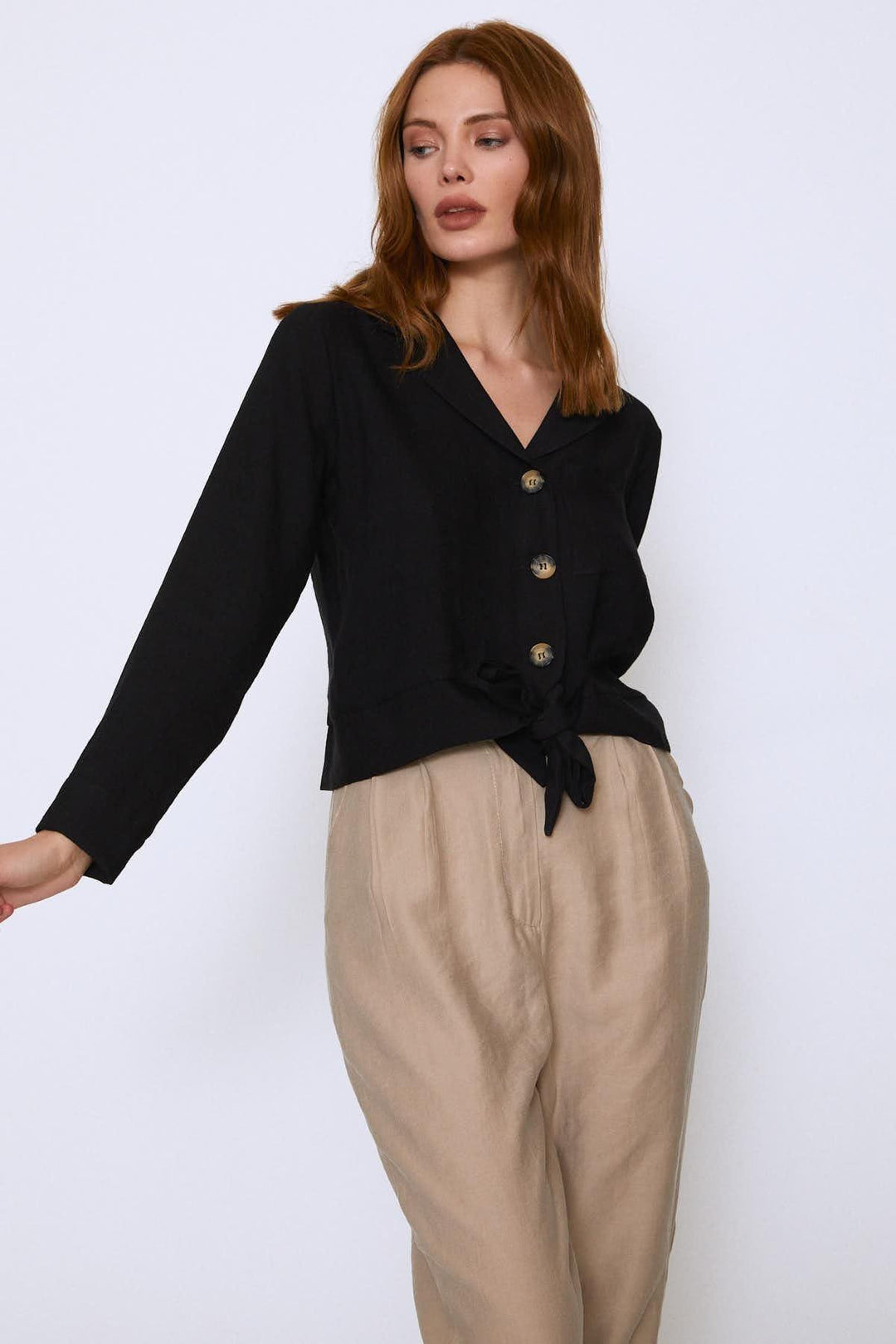 Tie Waist Pocket Long Sleeve Shirt Black